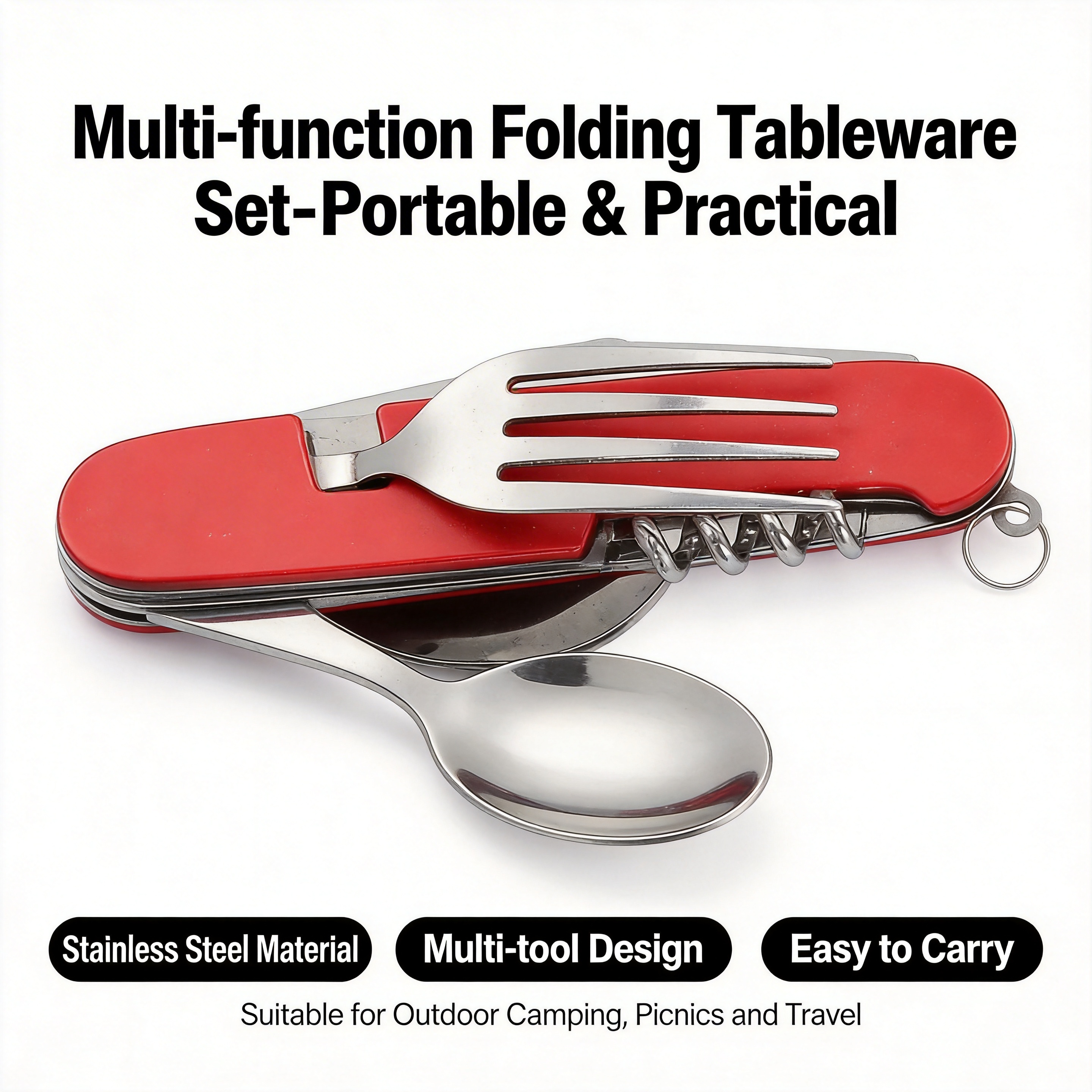 Outdoor Adventure Kit - 4-in-1 Portable Stainless Steel Cutlery Set: